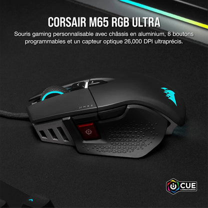 Corsair M65 RGB ULTRA Souris Gaming FPS Personnalisable - 26 000 DPI MARKSMAN, Switchs Optiques, Technologie d’hyper-traitement AXON, Contrôle de fusion de capteurs - Noir