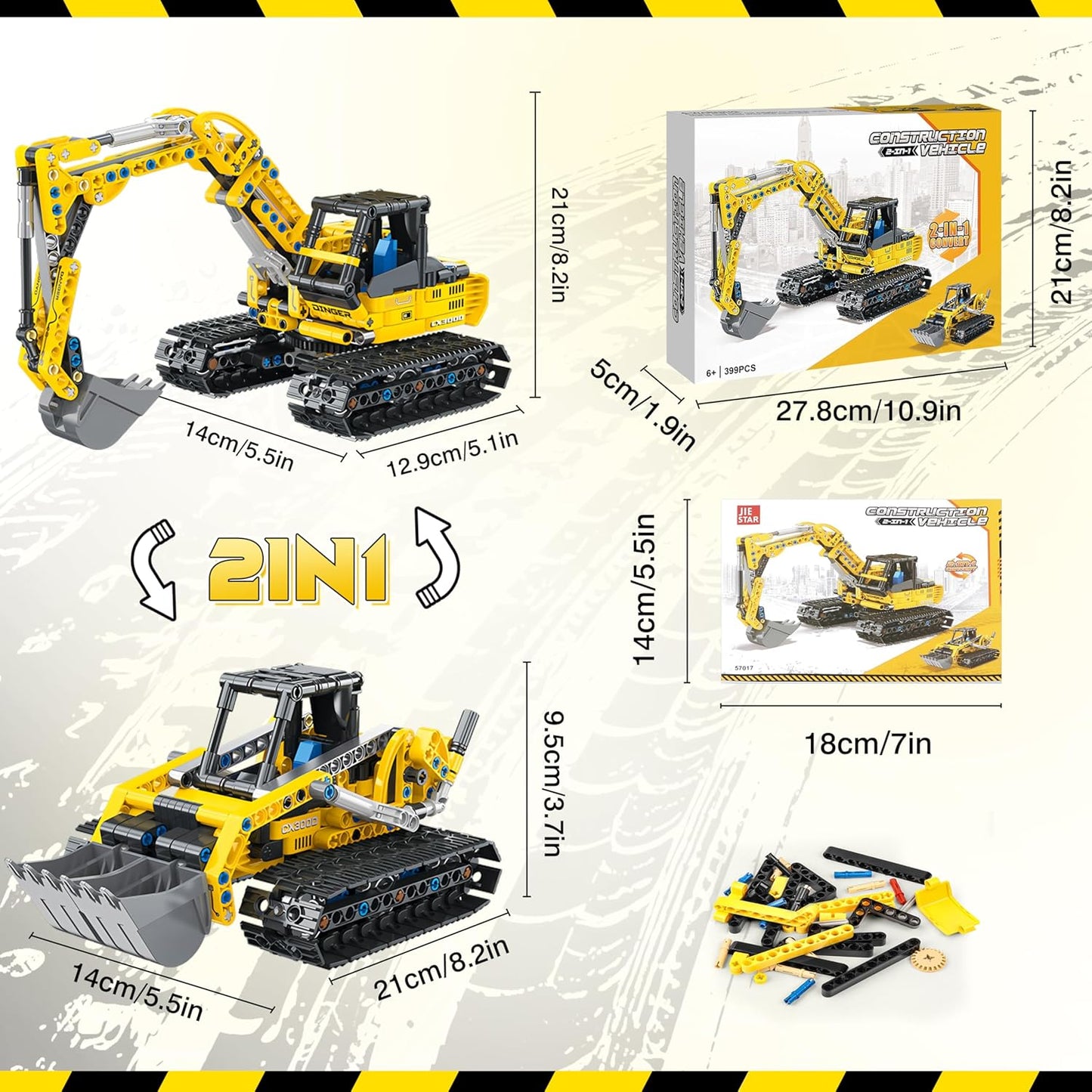 2 en 1 Pelleteuse & Bulldozers Technic, 399PCS Jeu de Construction pour Garçon 6-12+ Ans, Jouet d'ingénierie, STEM Jouet Blocs Cadeaux éducatif pour Enfants