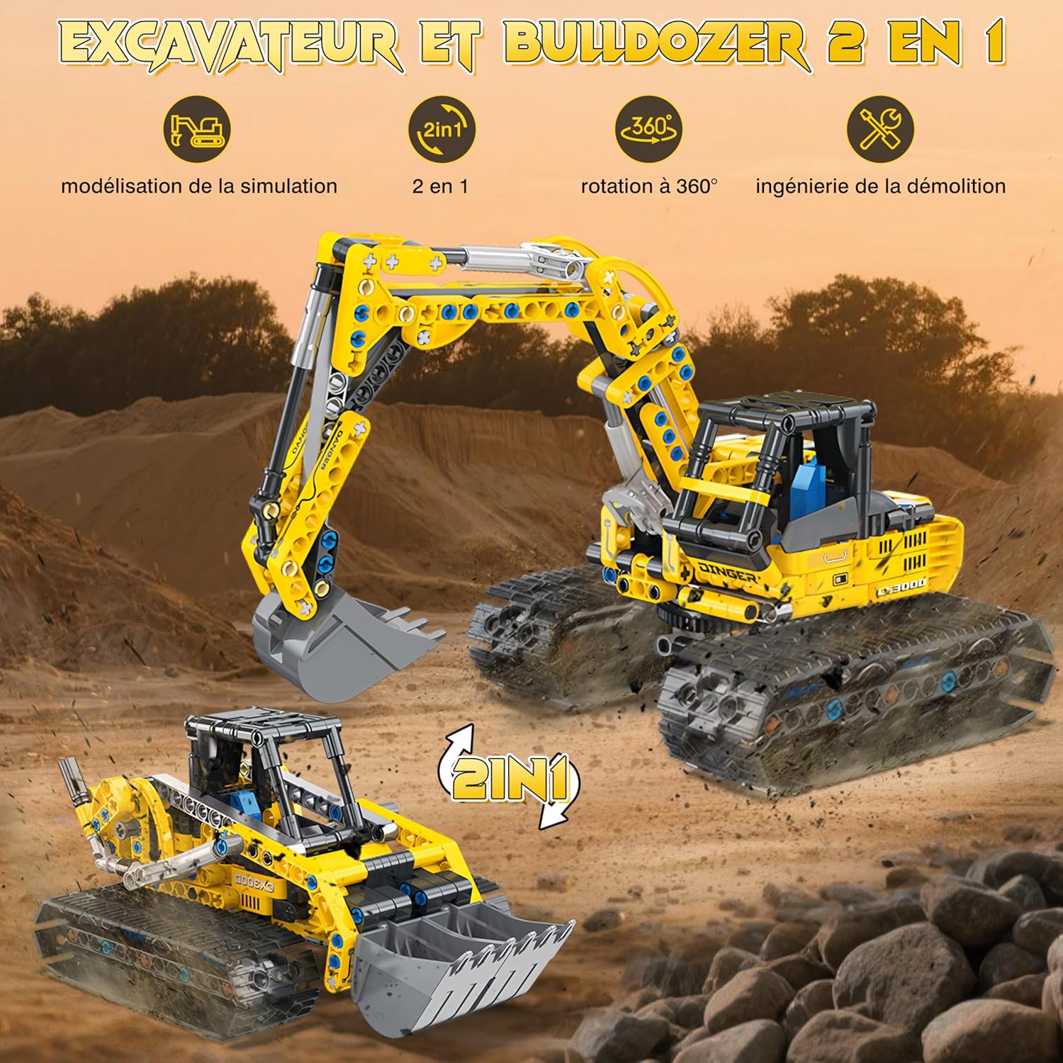 2 en 1 Pelleteuse & Bulldozers Technic, 399PCS Jeu de Construction pour Garçon 6-12+ Ans, Jouet d'ingénierie, STEM Jouet Blocs Cadeaux éducatif pour Enfants